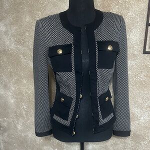 White House Black Market Black and Gray Knit Pocket Blazer with Gold Buttons